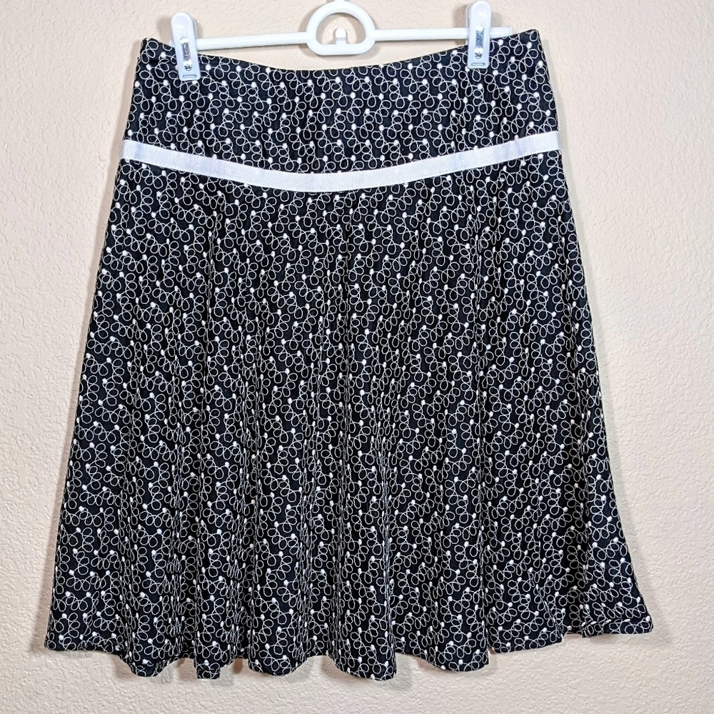 Embroidered Black & White Floral Ribbon A-Line Full Cotton Skirt